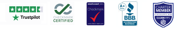 Trustpilot, Checkmark Certified, West Coast Labs Checkmark, BBB Accredited Business and CleanApps Charter Member